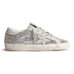 Golden Goose Super-Star in Silver Glitter With Ice-Gray Suede Star